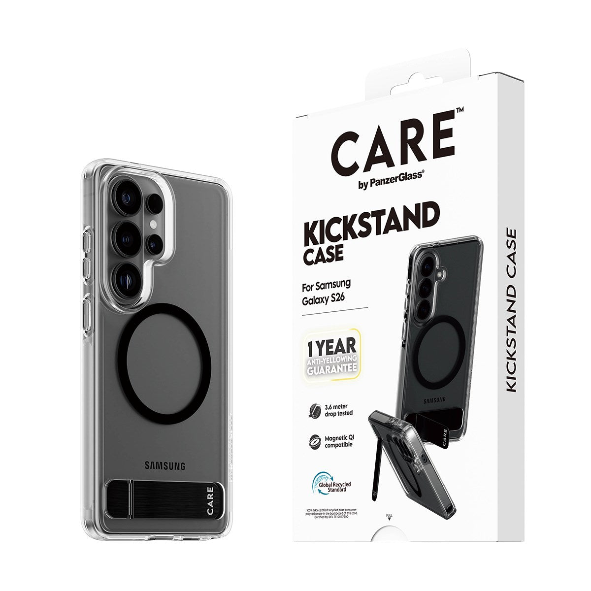 CARE™ by PanzerGlass® Urban Explorer Case Transparent w. Black Kickstand & Qi Samsung Galaxy S26